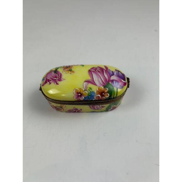 Rochard Limoges France Trinket Box Raised Floral Hand Painted Yellow Oval - Picture 1 of 14